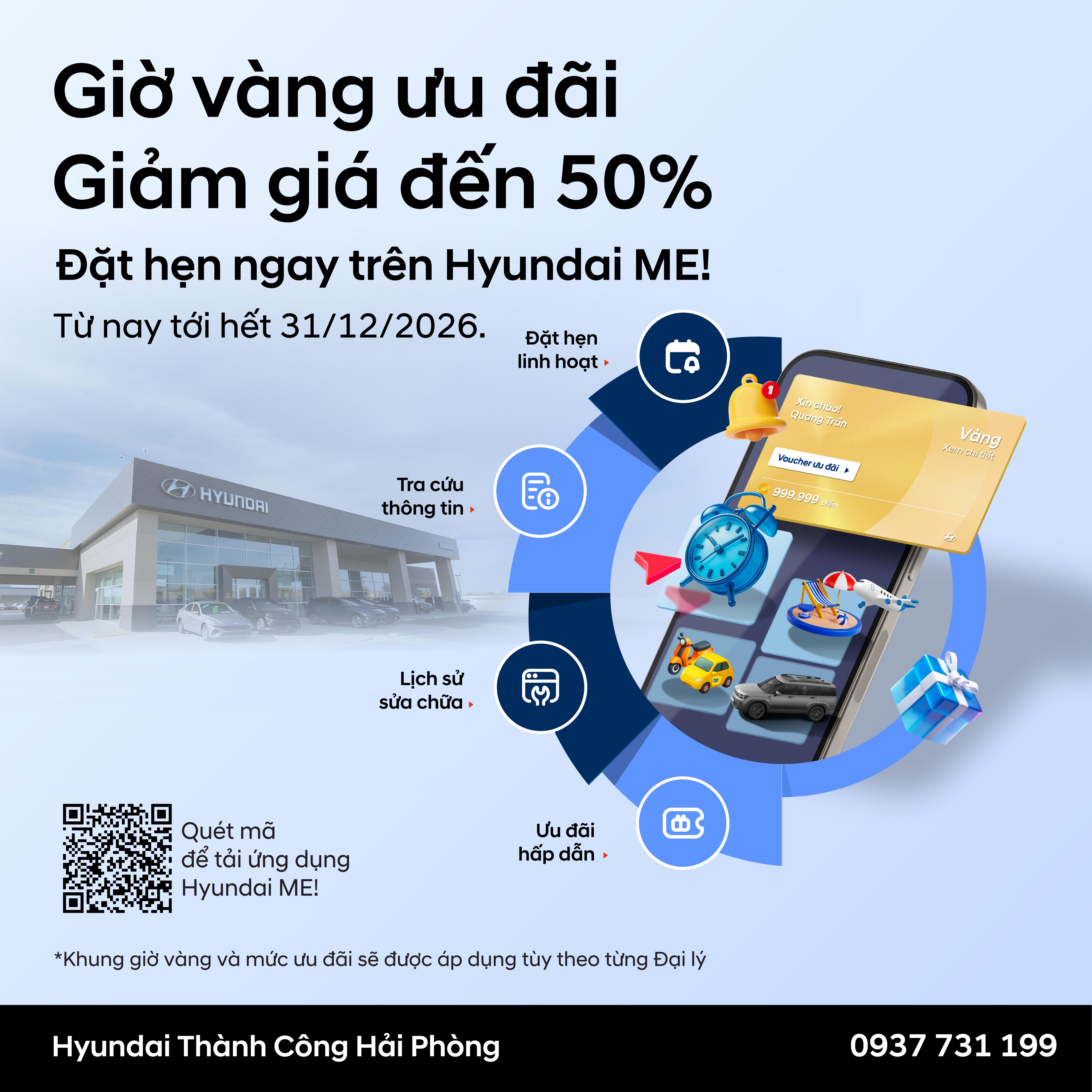 Chương trình “Giờ vàng ưu đãi” tiếp tục được triển khai, mang đến cơ hội nhận ưu đãi hấp dẫn cho khách hàng khi chủ động đặt lịch hẹn dịch vụ qua ứng dụng Hyundai ME!